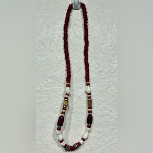 Vintage Red, White & Brown Beaded Necklace